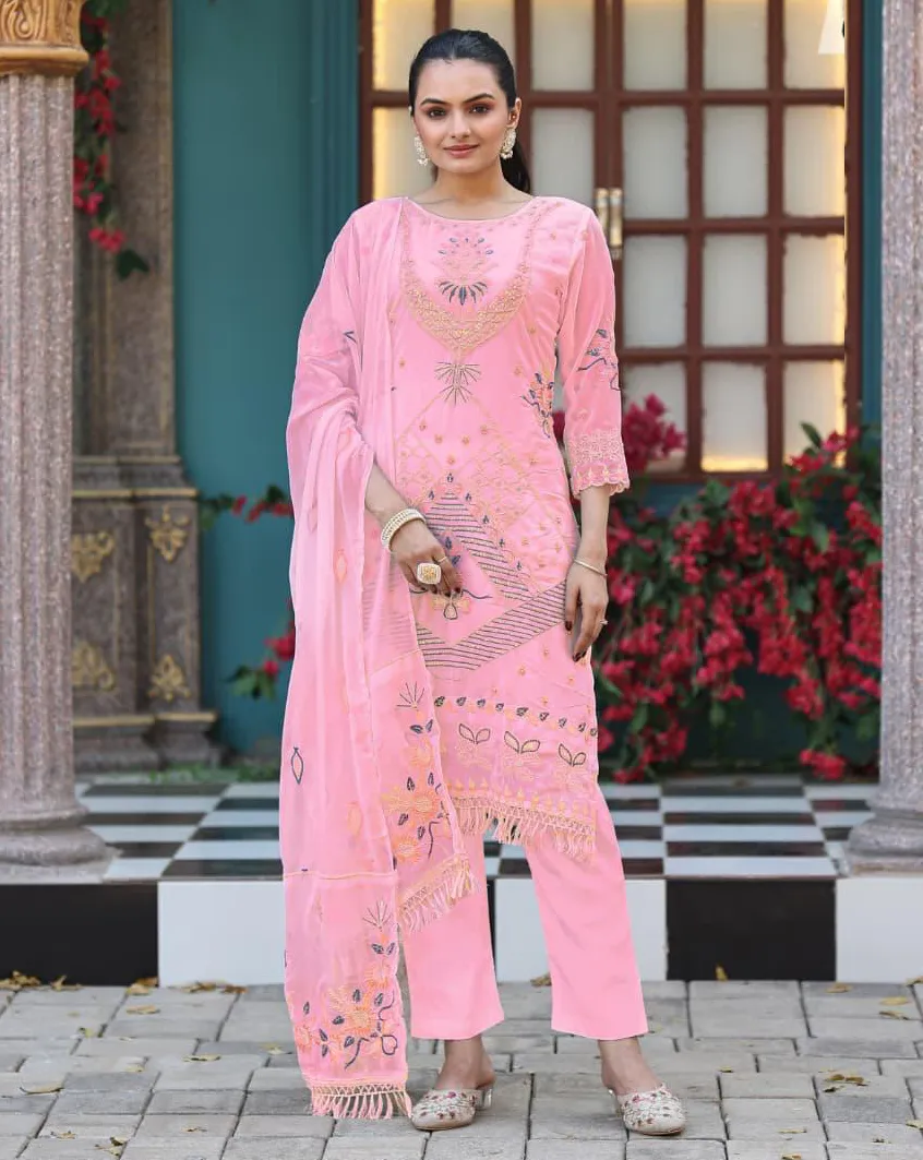 Pink Georgette Embroidered Readymade Salwar Suit