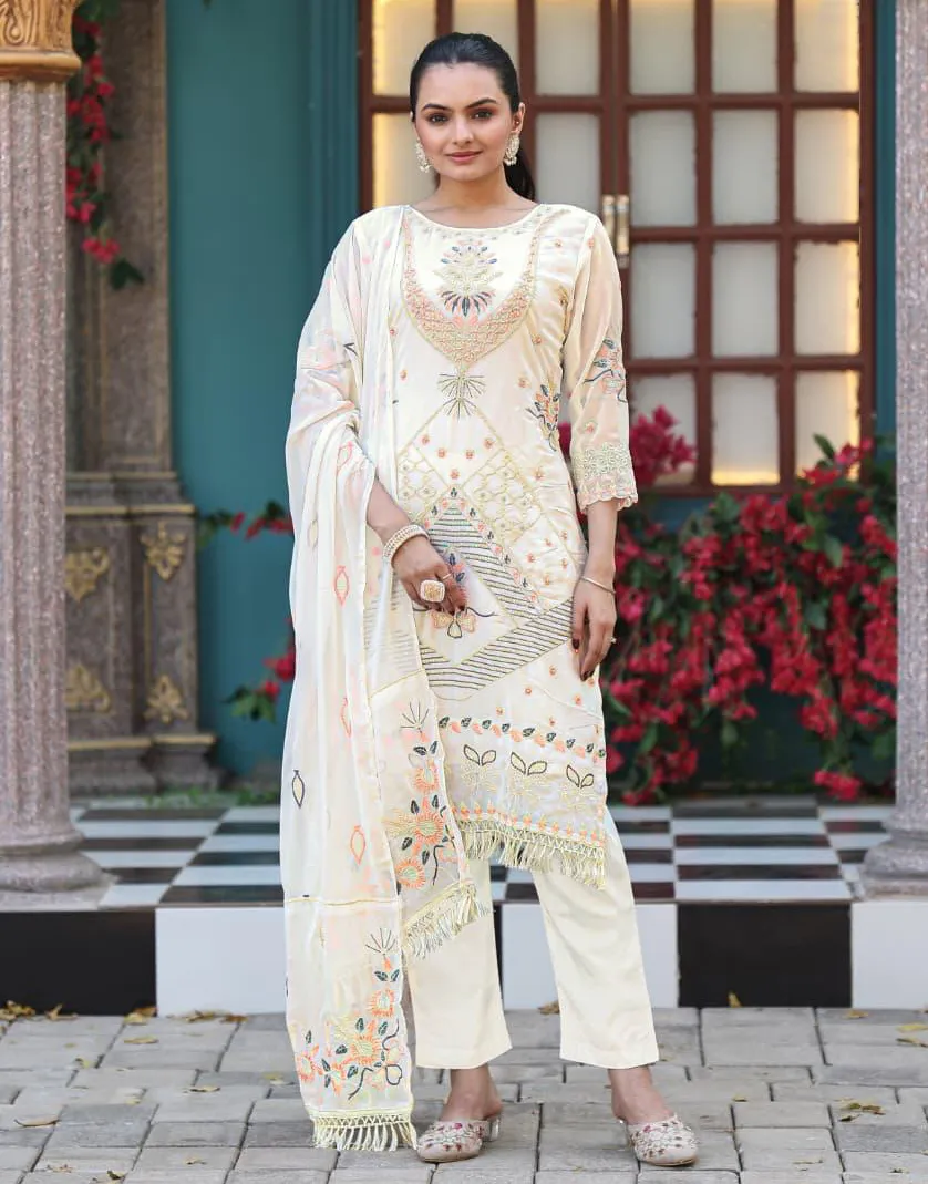Cream Georgette Embroidered Readymade Salwar Suit