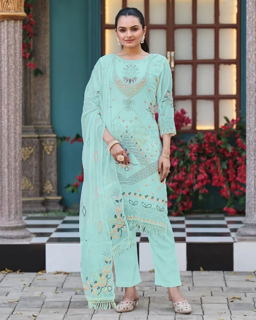 Seafoam Green Georgette Embroidered Readymade Salwar Suit
