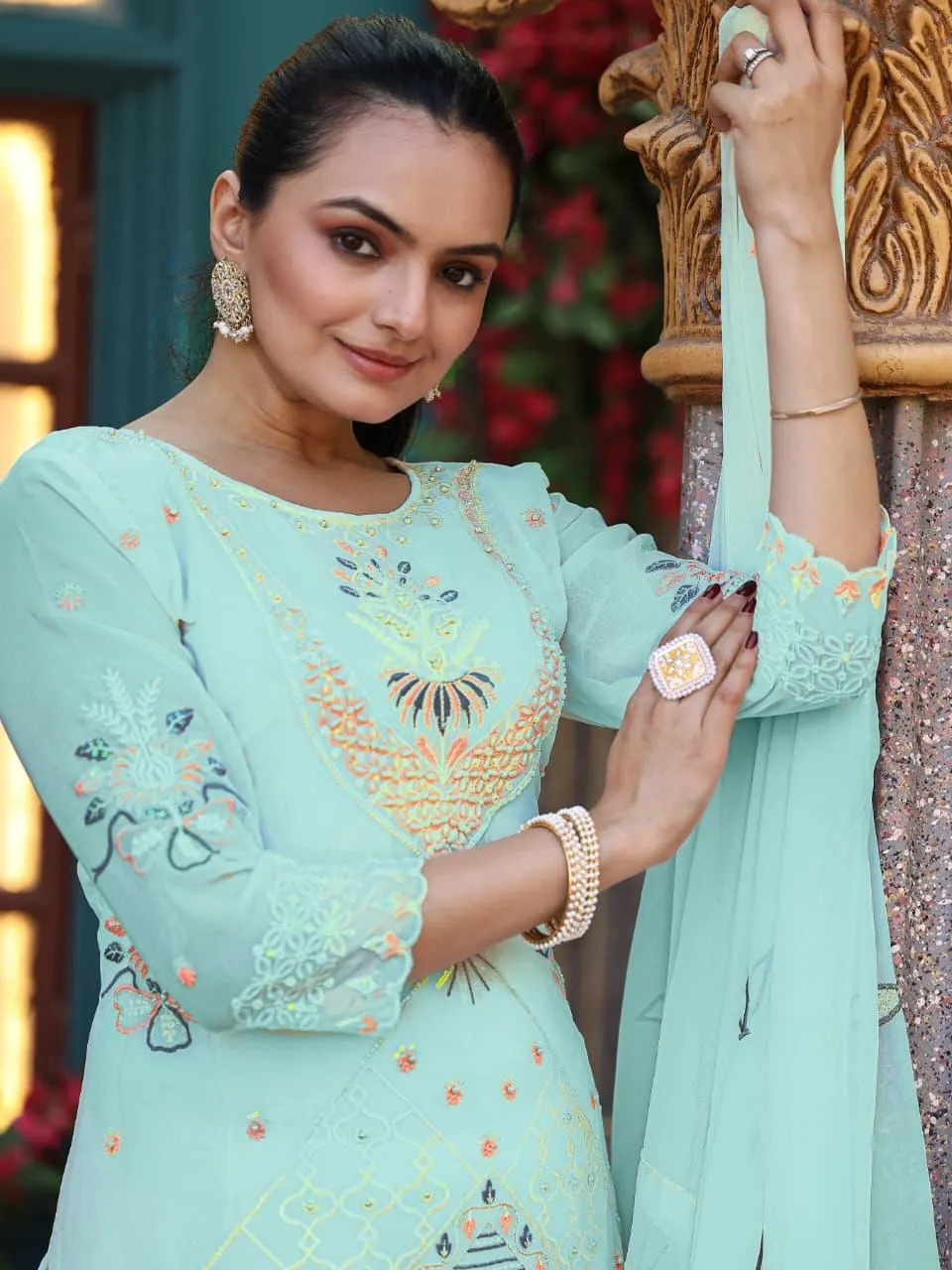 Seafoam Green Georgette Embroidered Readymade Salwar Suit - Image 2