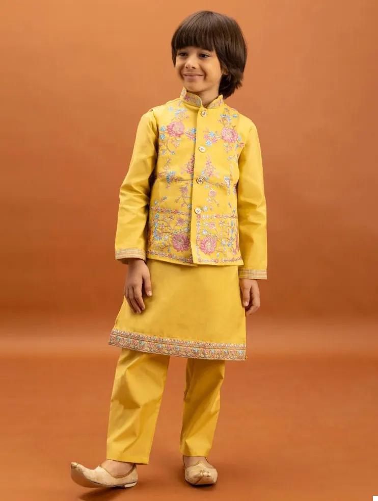 Yellow Viscose Silk Sequins Embroidered Kids Koti Kurta With Pant