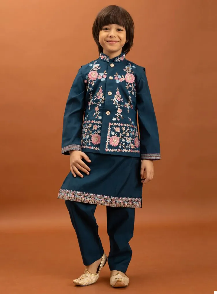 Navy Blue Viscose Silk Sequins Embroidered Kids Koti Kurta With Pant