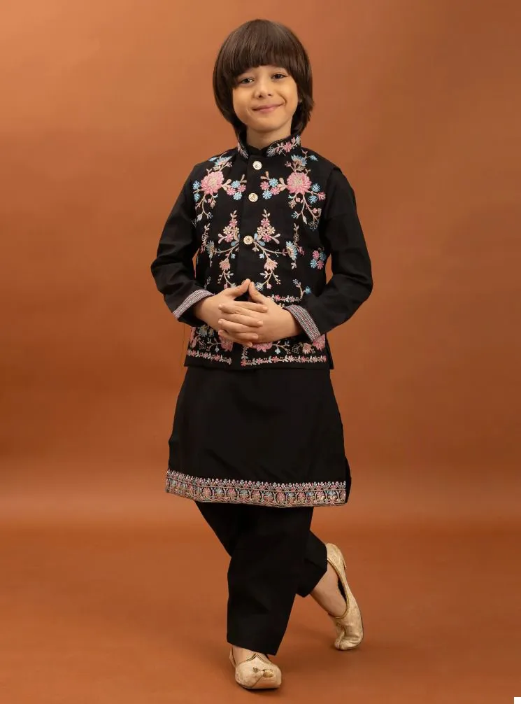 Black Viscose Silk Sequins Embroidered Kids Koti Kurta With Pant