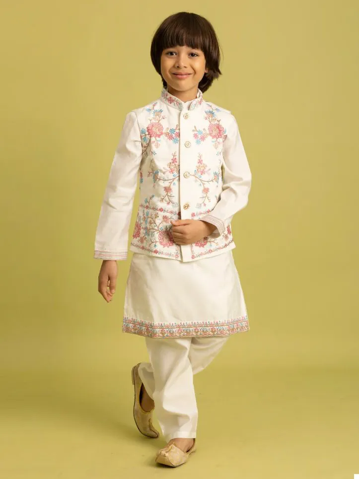Off White Viscose Silk Sequins Embroidered Kids Koti Kurta With Pant