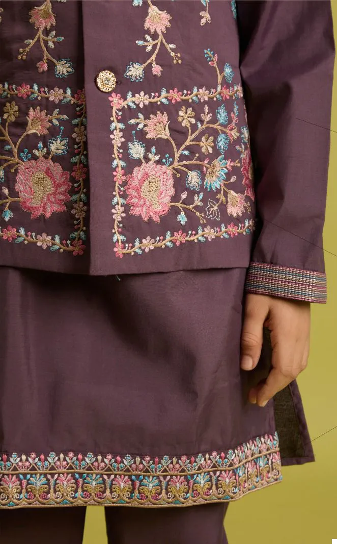 Wine Viscose Silk Sequins Embroidered Kids Koti Kurta With Pant - Image 5