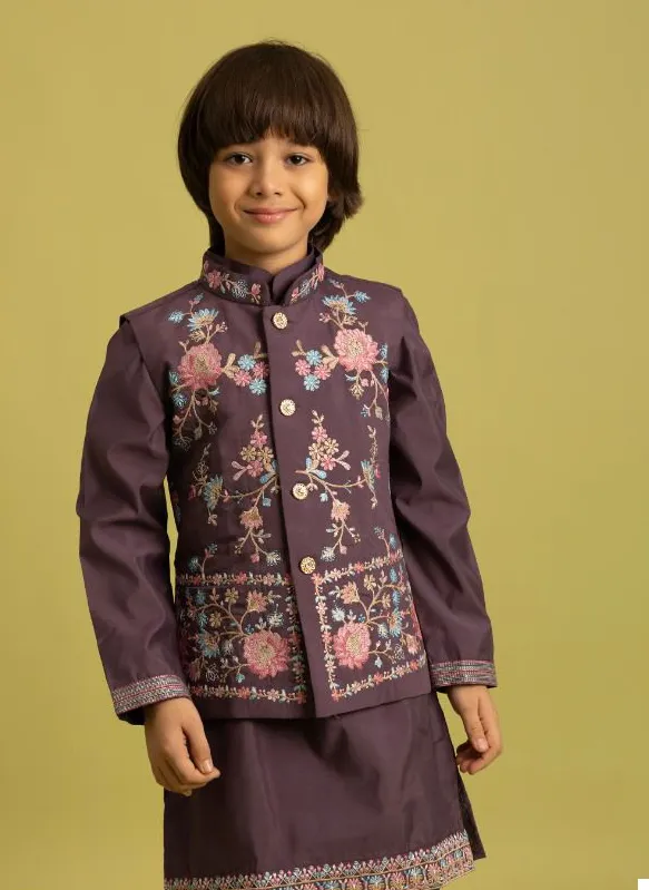 Wine Viscose Silk Sequins Embroidered Kids Koti Kurta With Pant - Image 4