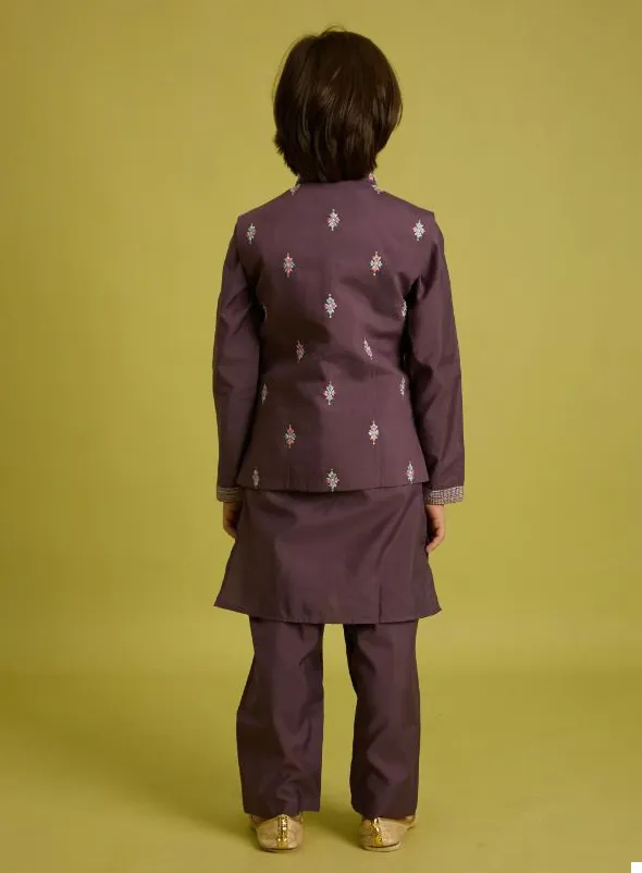 Wine Viscose Silk Sequins Embroidered Kids Koti Kurta With Pant - Image 3