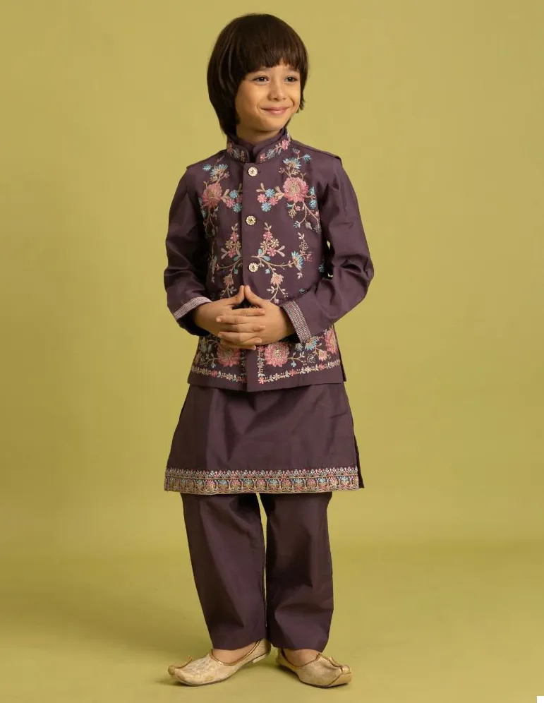 Wine Viscose Silk Sequins Embroidered Kids Koti Kurta With Pant