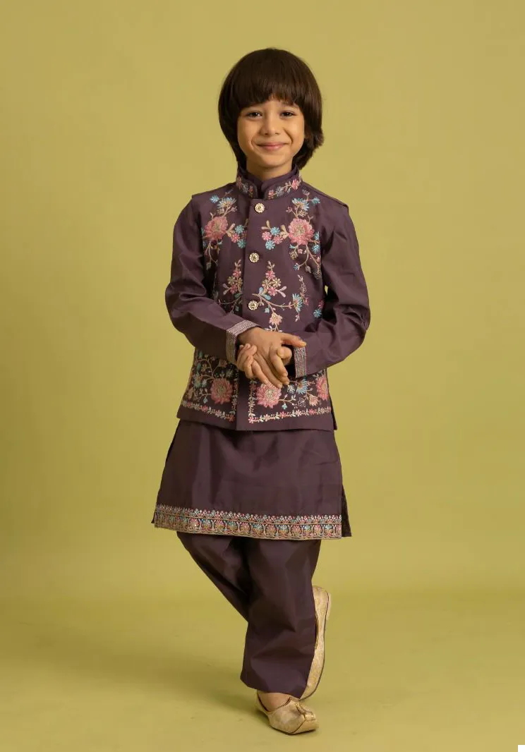 Wine Viscose Silk Sequins Embroidered Kids Koti Kurta With Pant - Image 2