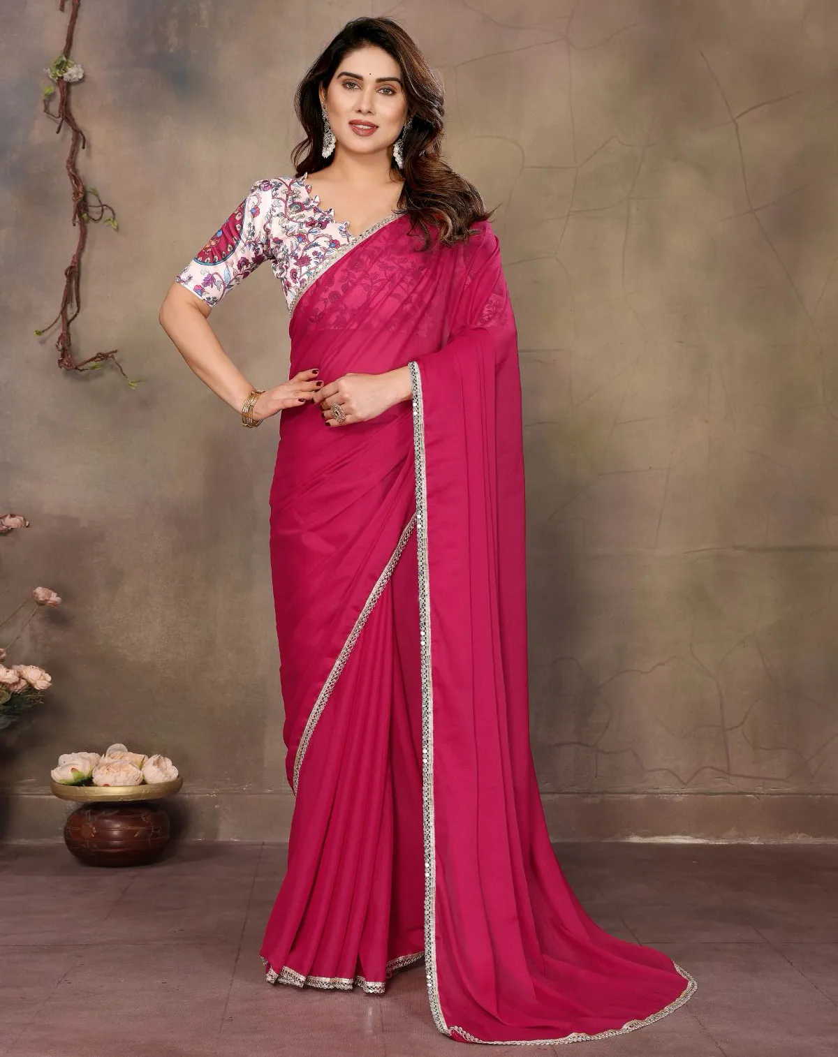 Magenta Georgette Mirror Work Saree