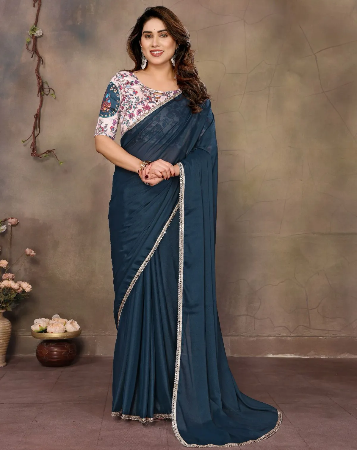 Teal Blue Georgette Mirror Work Saree