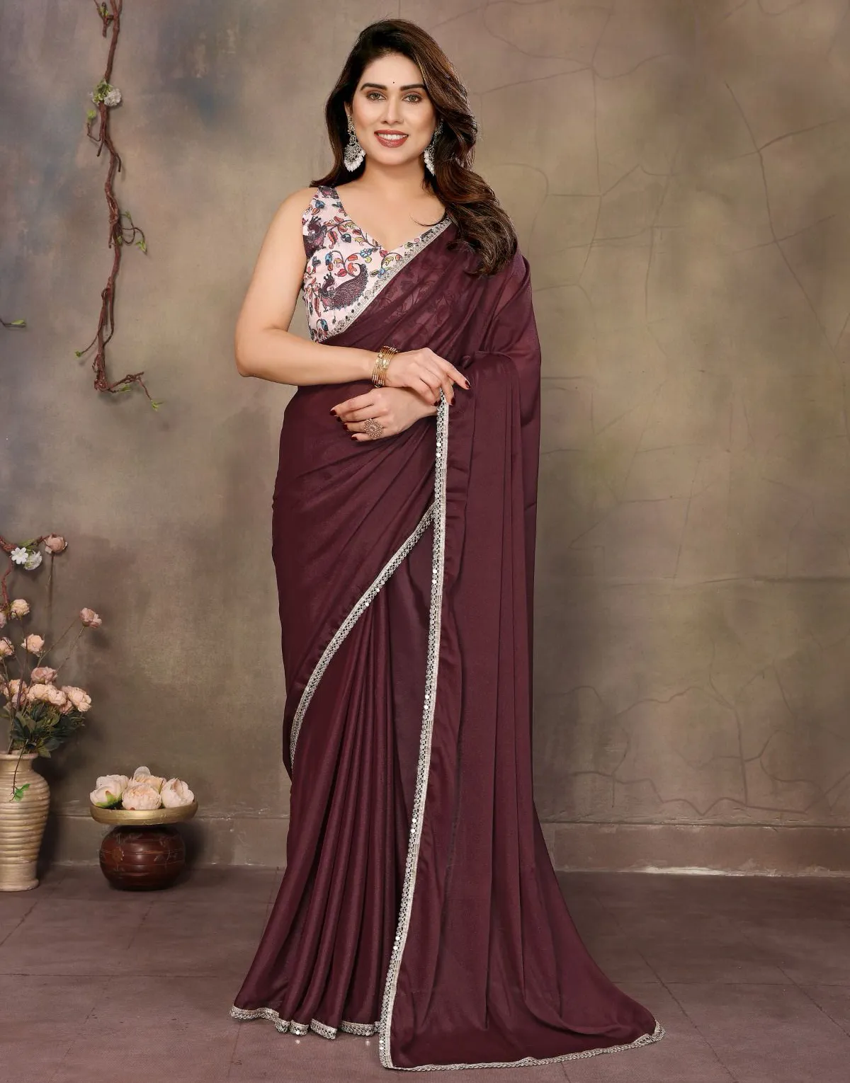 Brown Georgette Mirror Work Saree