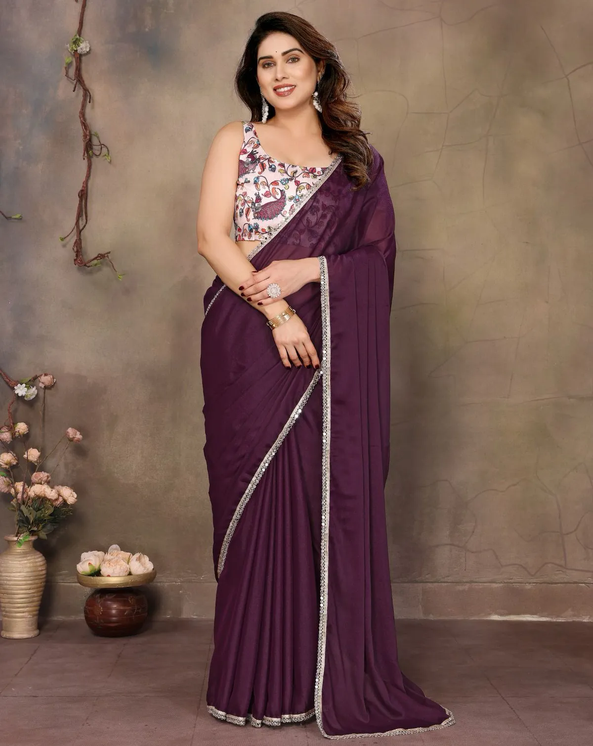 Wine Georgette Mirror Work Saree