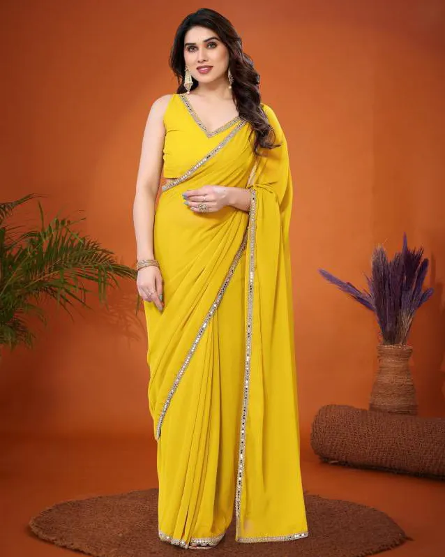 Yellow Georgette Mirror Lace Work Saree