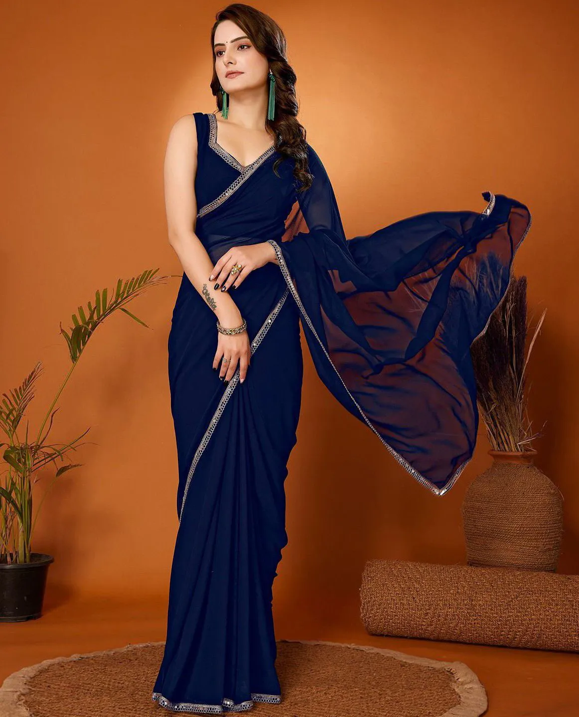Navy Blue Georgette Mirror Lace Work Saree
