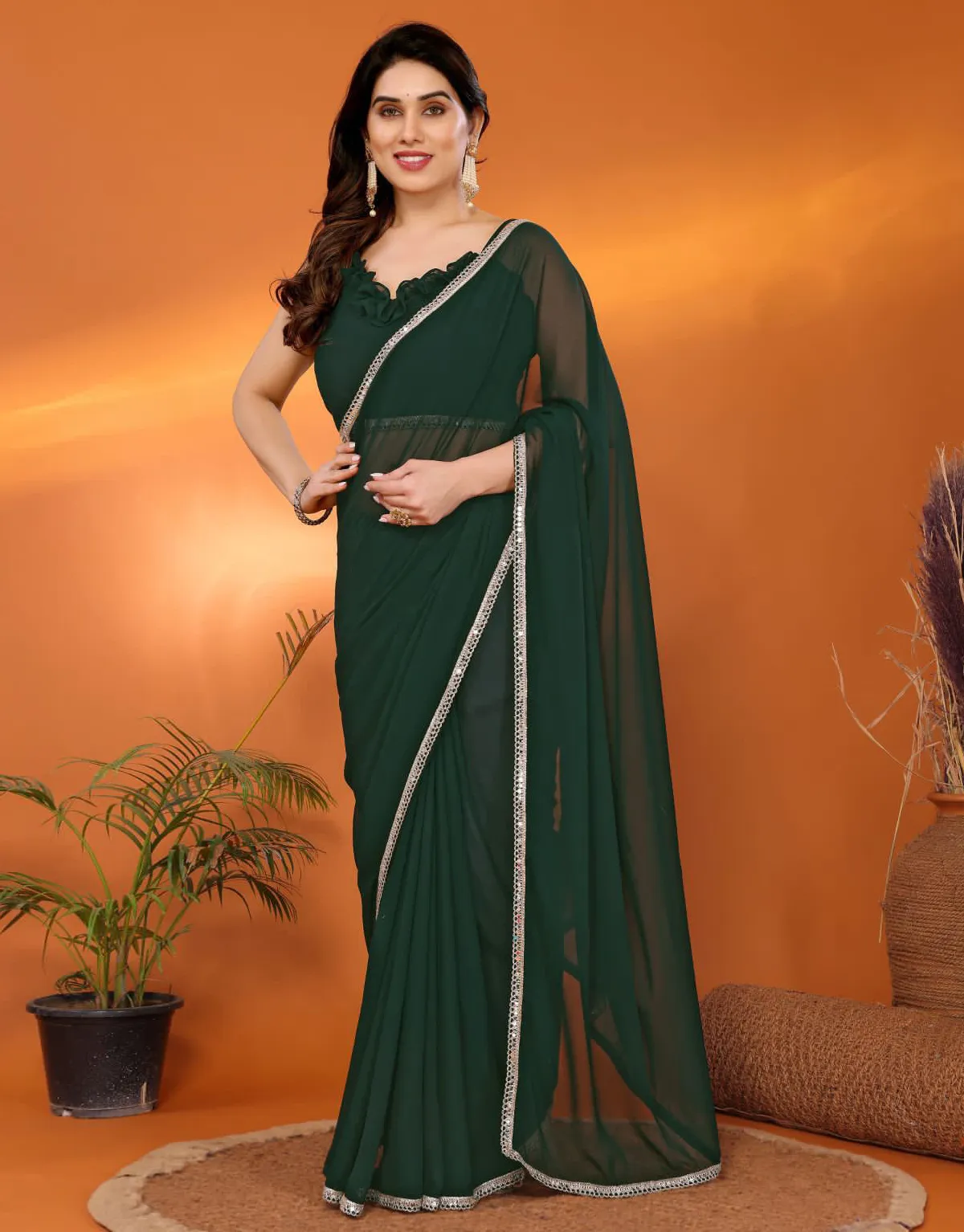 Green Georgette Mirror Lace Work Saree