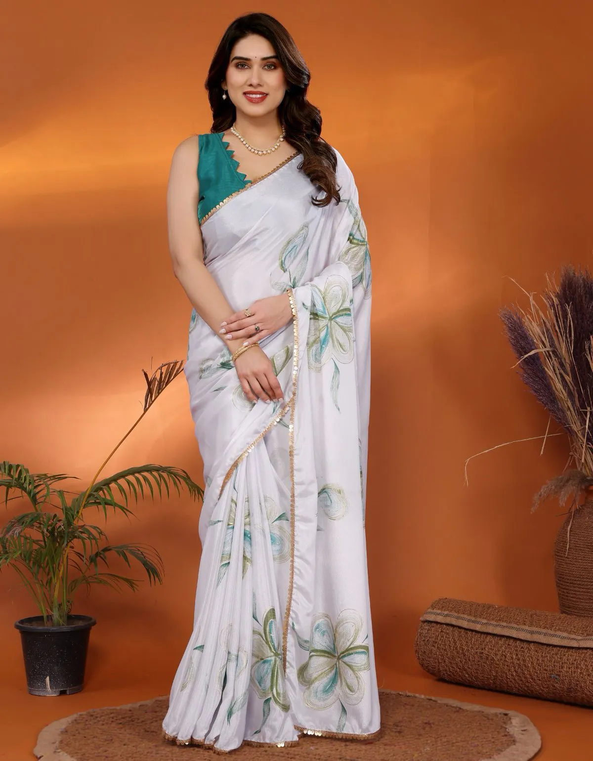 White And Green Chinon Printed Saree