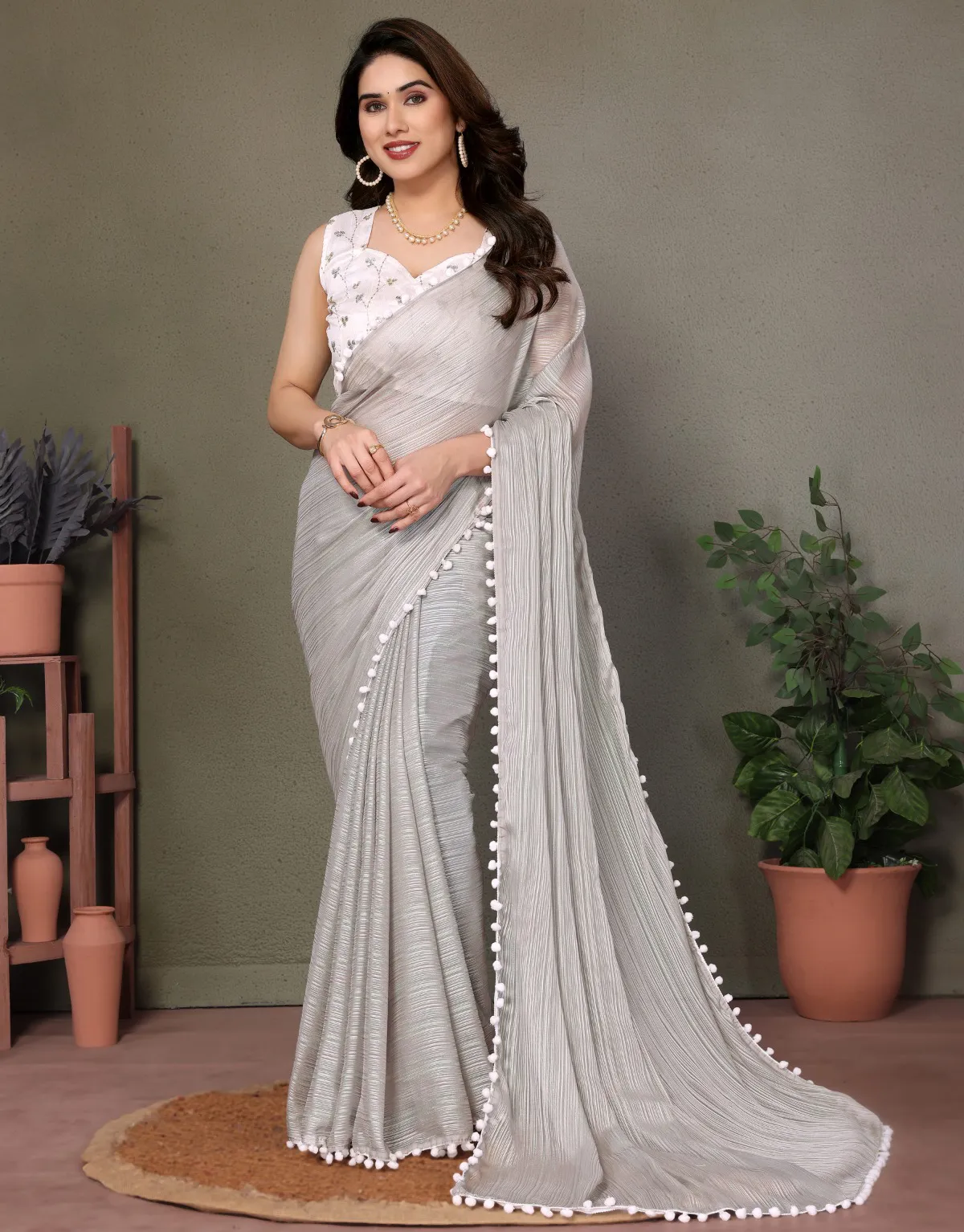 Grey Satin Pom Pom Lace Border Saree