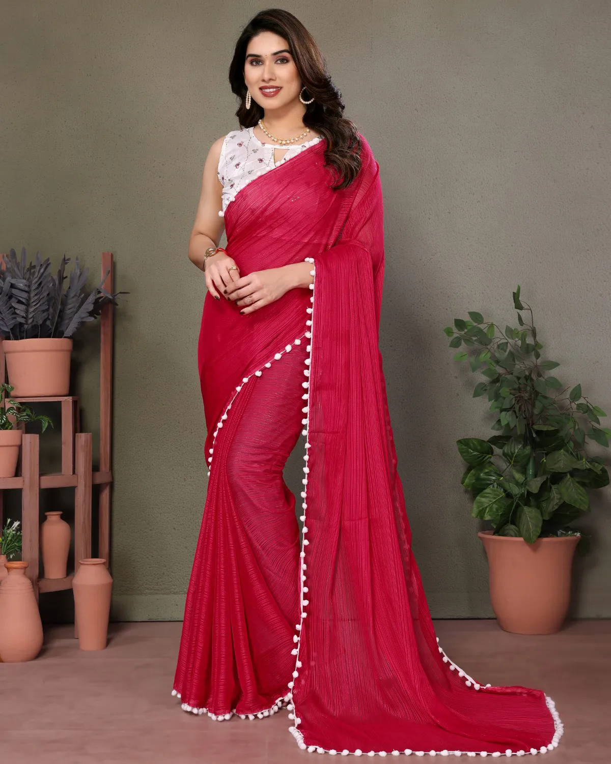 Red Satin Pom Pom Lace Border Saree