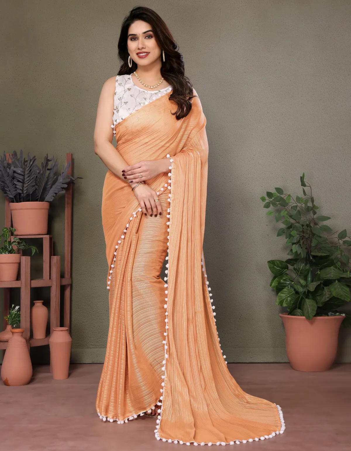 Orange Satin Pom Pom Lace Border Saree