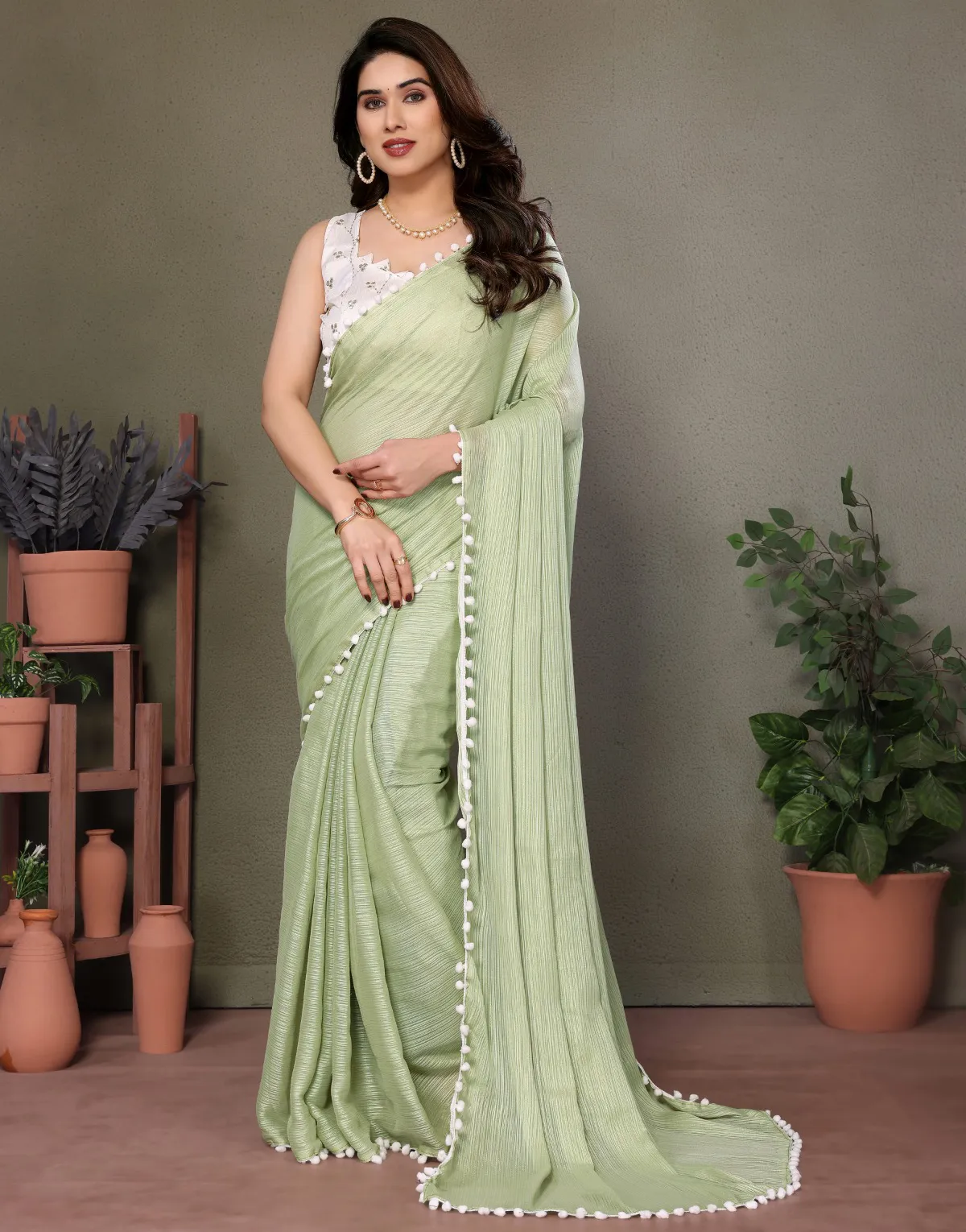 Light Green Satin Pom Pom Lace Border Saree