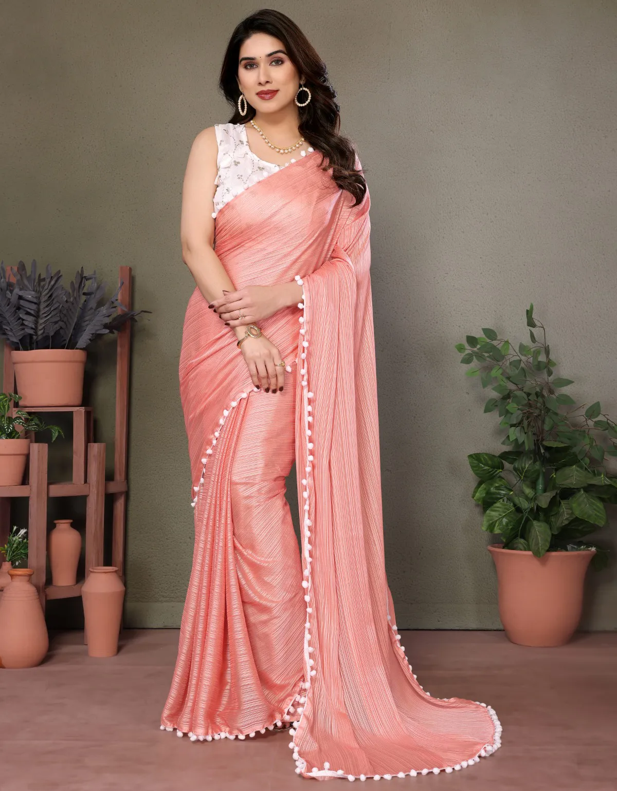 Peach Satin Pom Pom Lace Border Saree