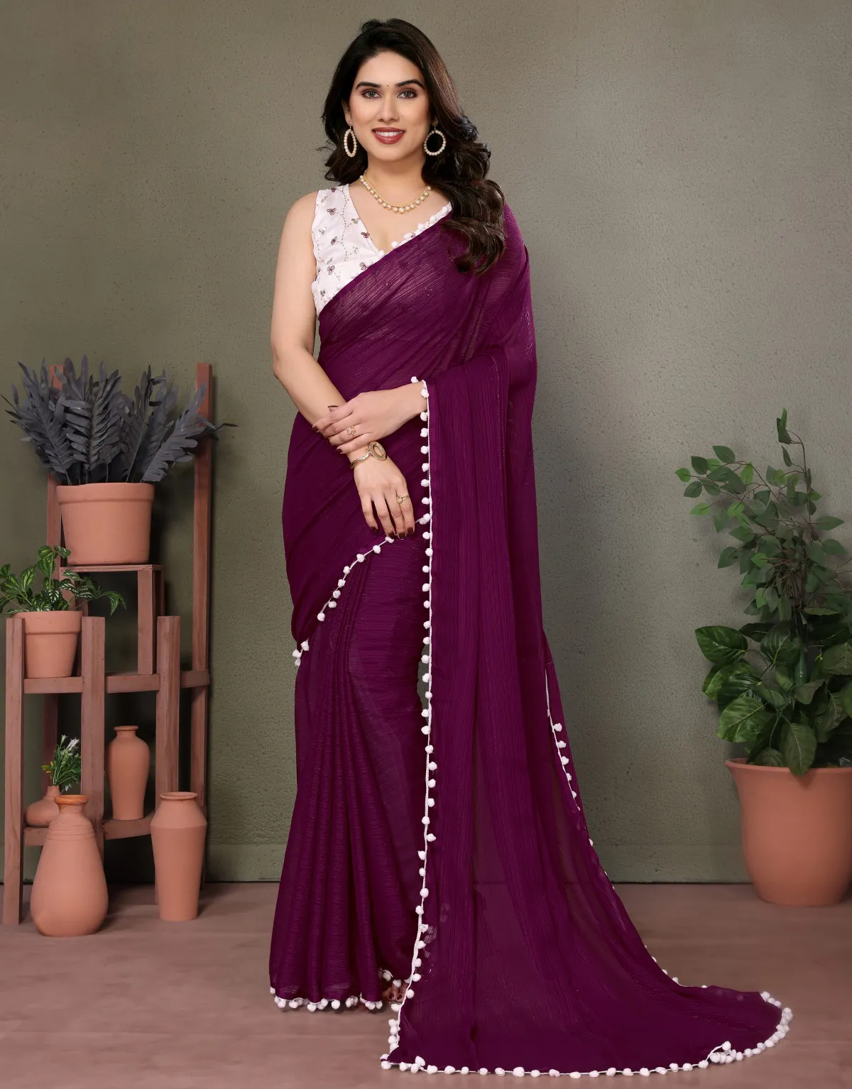Wine Satin Pom Pom Lace Border Saree