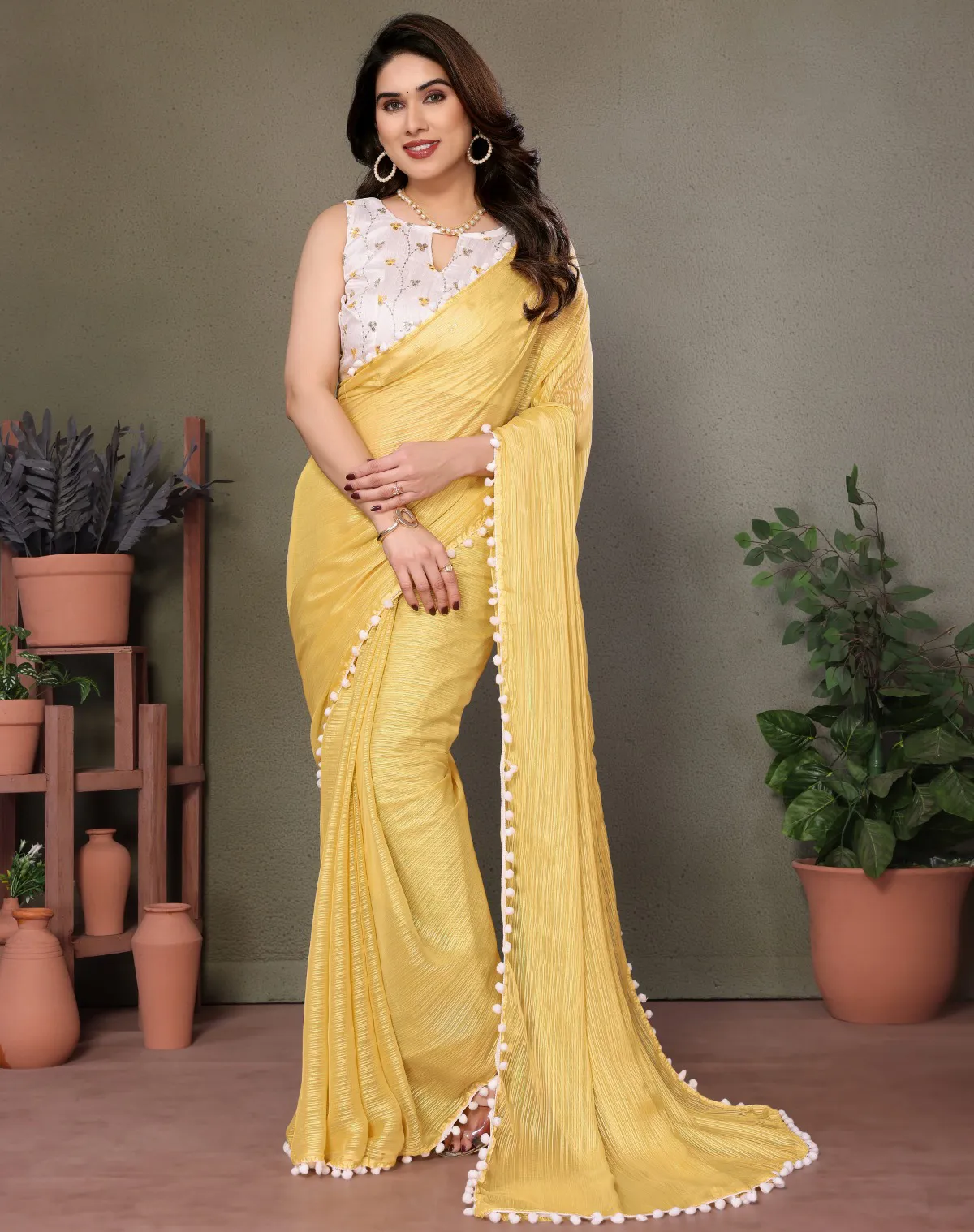 Yellow Satin Pom Pom Lace Border Saree