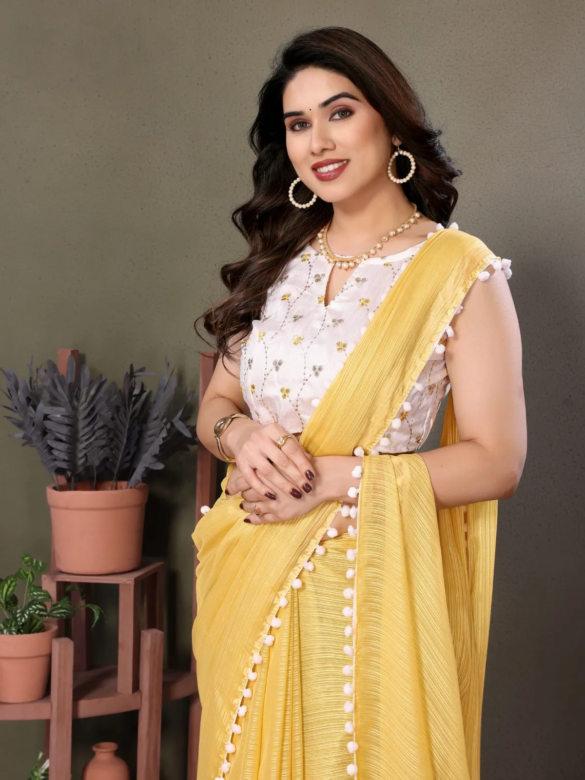 Yellow Satin Pom Pom Lace Border Saree - Image 2