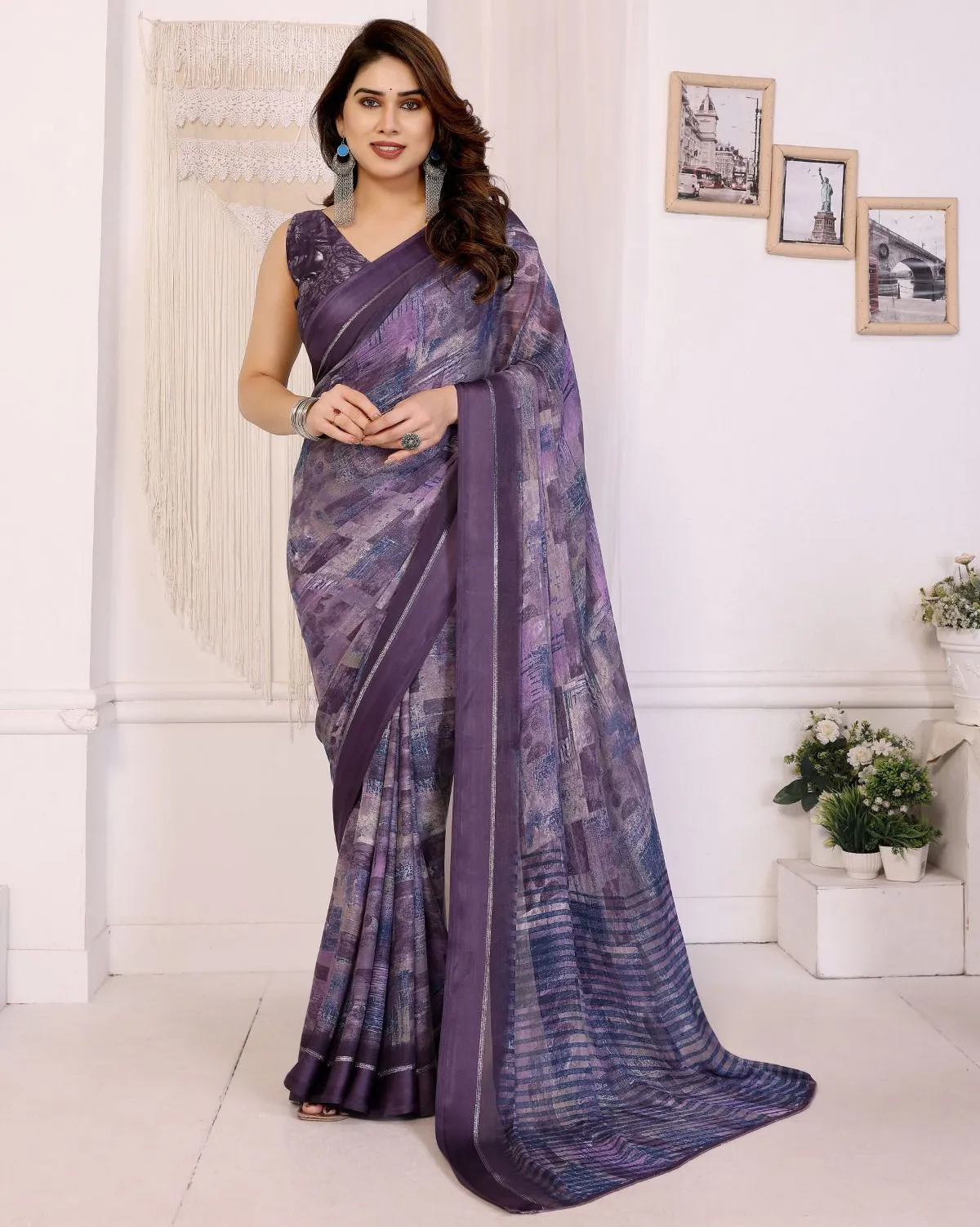 Violet Chiffon Printed Casual Saree