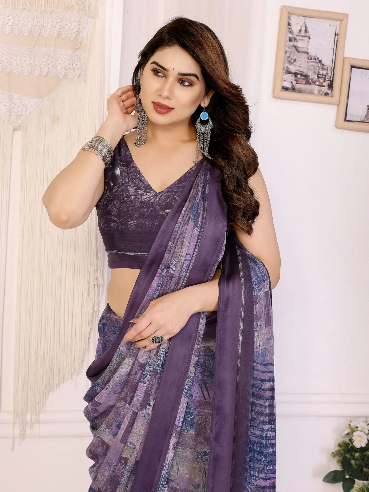 Violet Chiffon Printed Casual Saree - Image 2