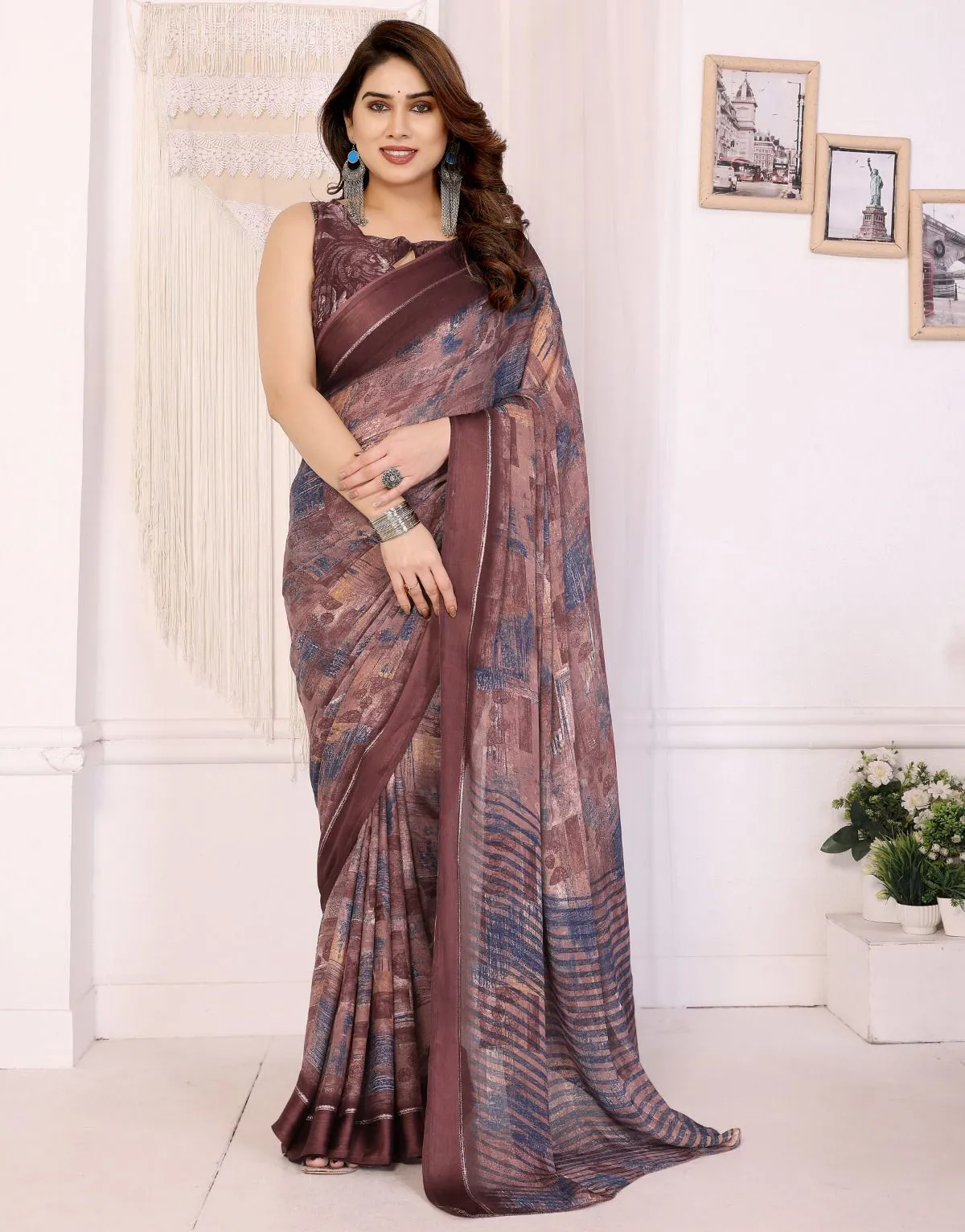 Brown Chiffon Printed Casual Saree