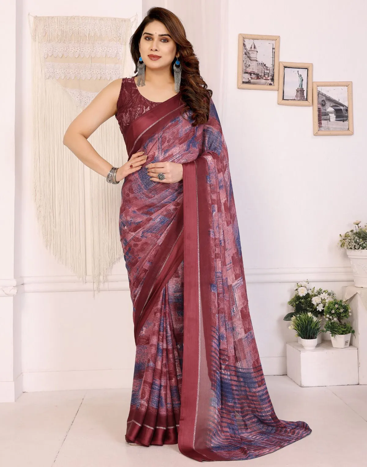 Maroon Chiffon Printed Casual Saree