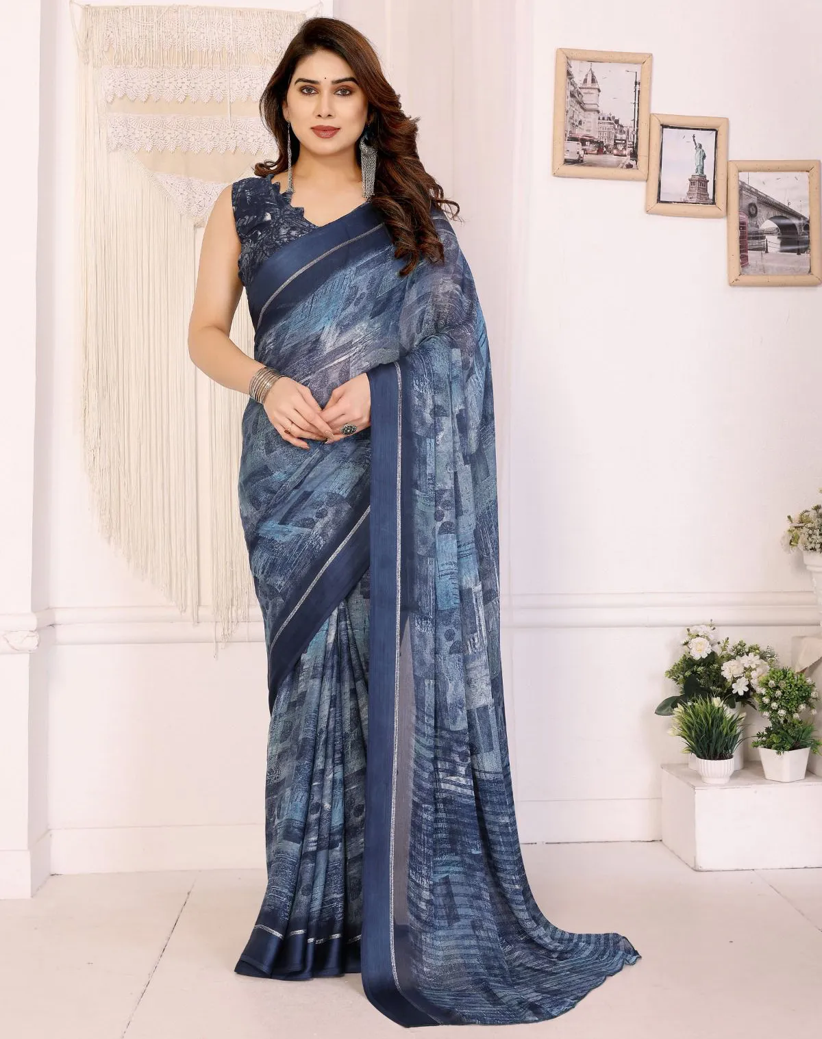 Blue Chiffon Printed Casual Saree
