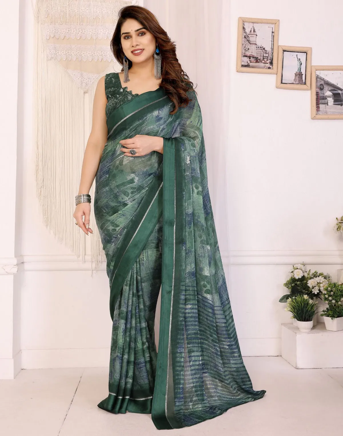 Green Chiffon Printed Casual Saree
