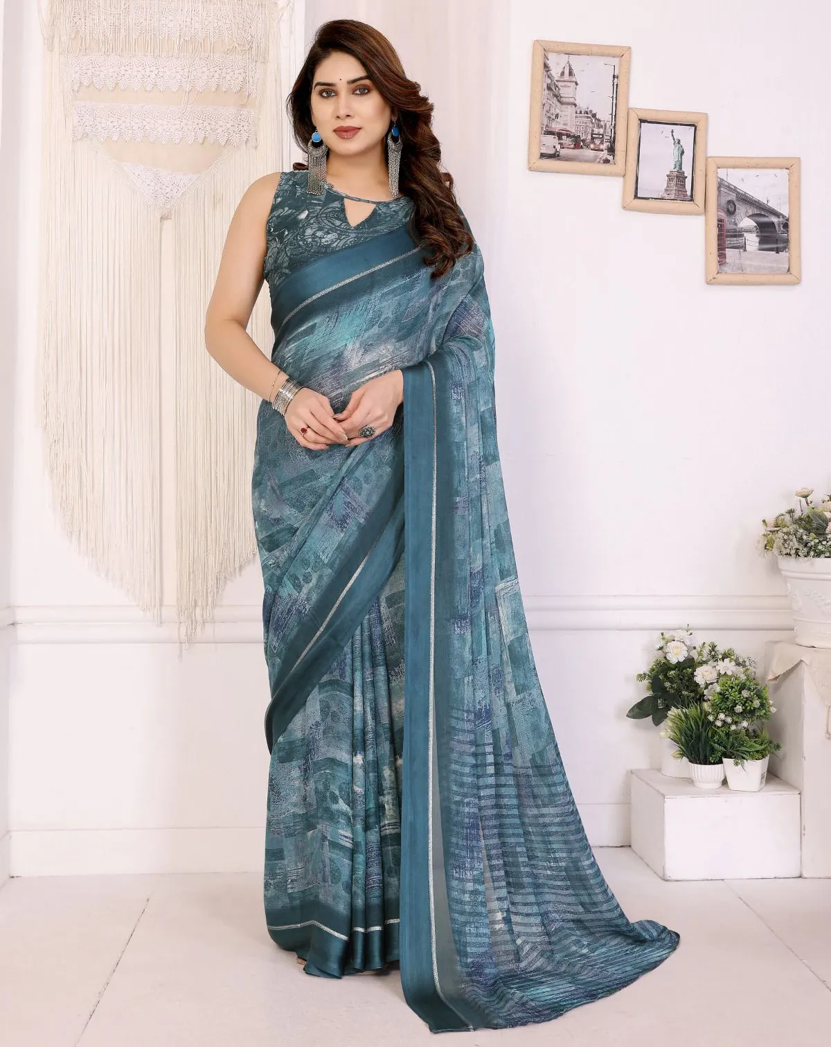 Teal Blue Chiffon Printed Casual Saree