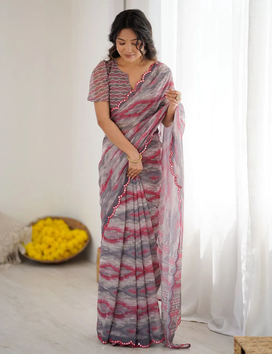 Grey And Red Georgette Digital Printed Saree