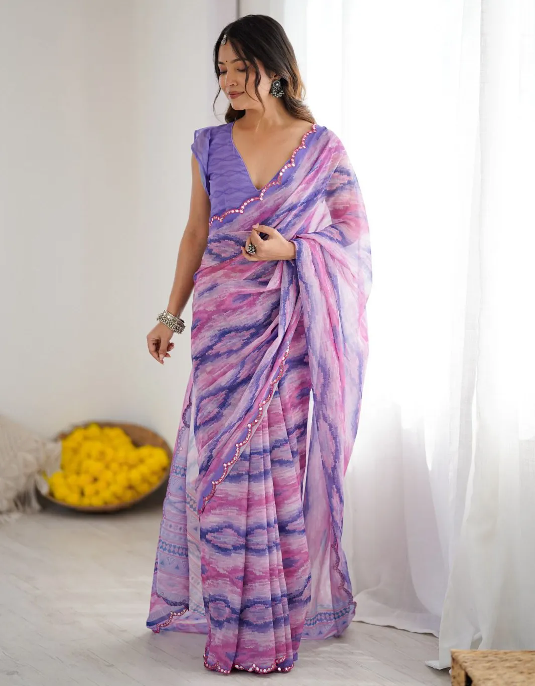Pink and Blue Georgette Digital Printed Saree