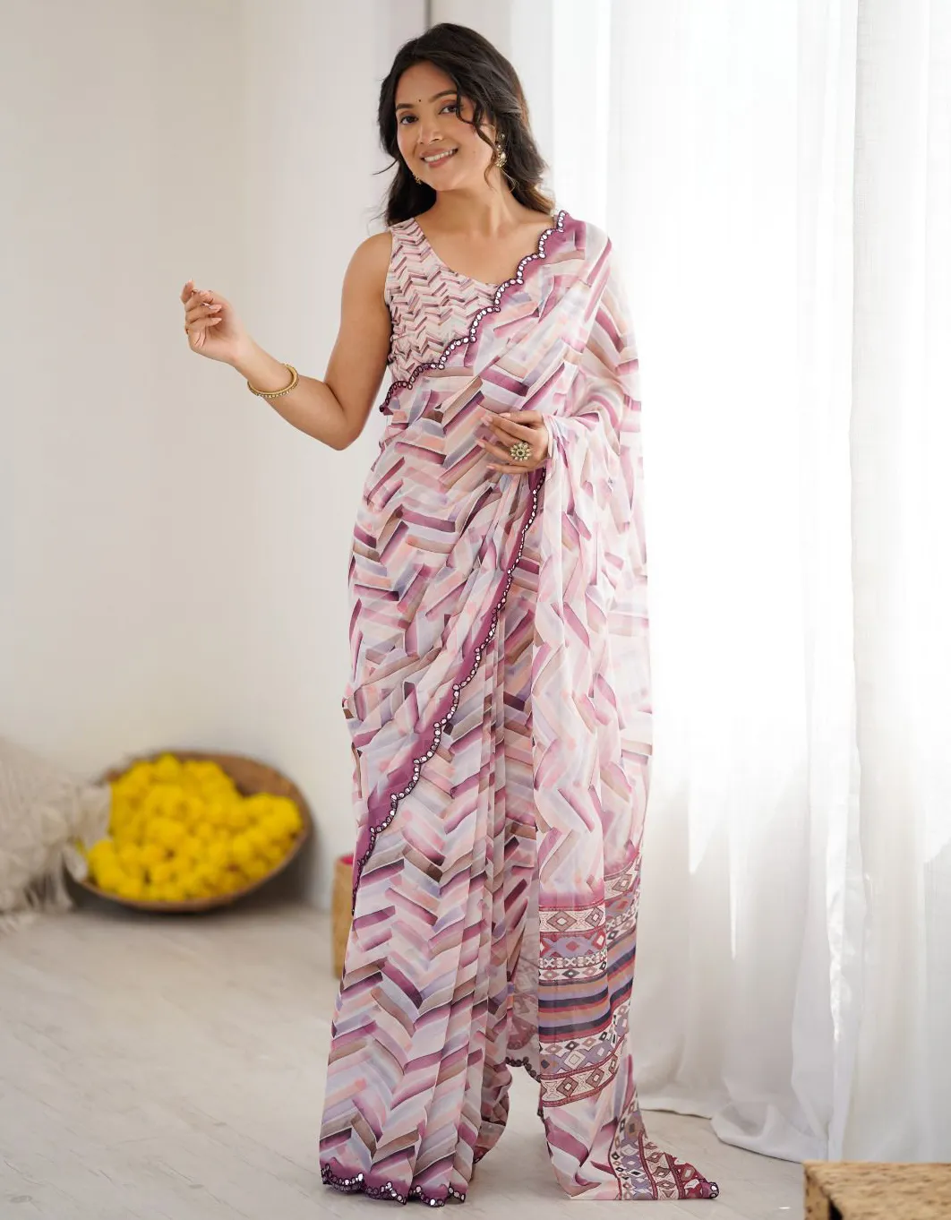 Off White Georgette Digital Printed Saree