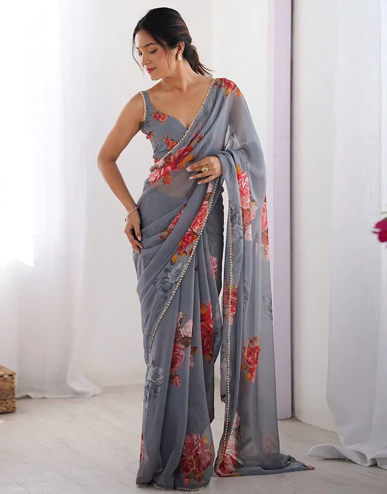 Grey Georgette Floral Printed Lace Border Saree