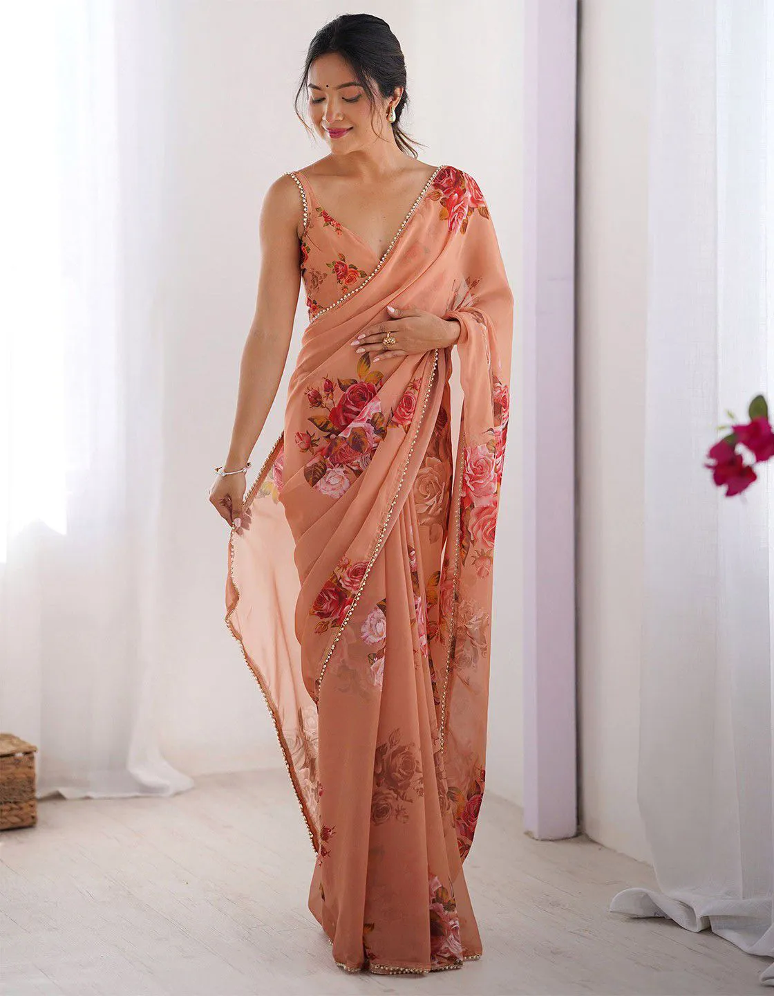 Orange Georgette Floral Printed Lace Border Saree