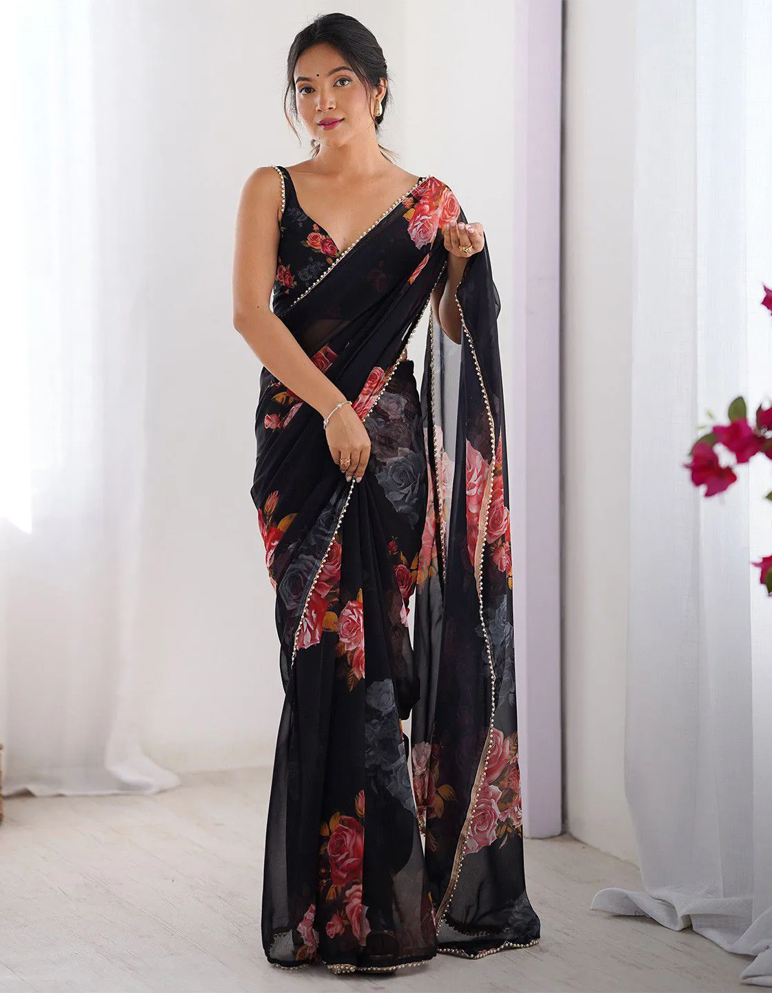 Black Georgette Floral Printed Lace Border Saree