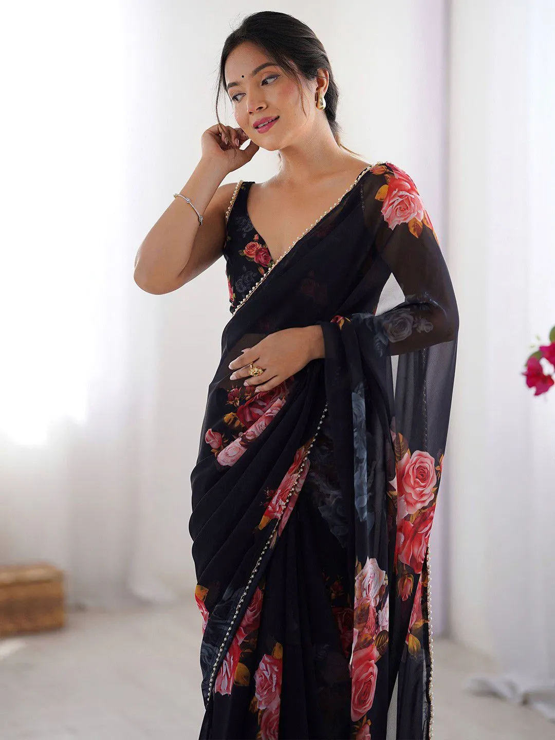 Black Georgette Floral Printed Lace Border Saree - Image 2