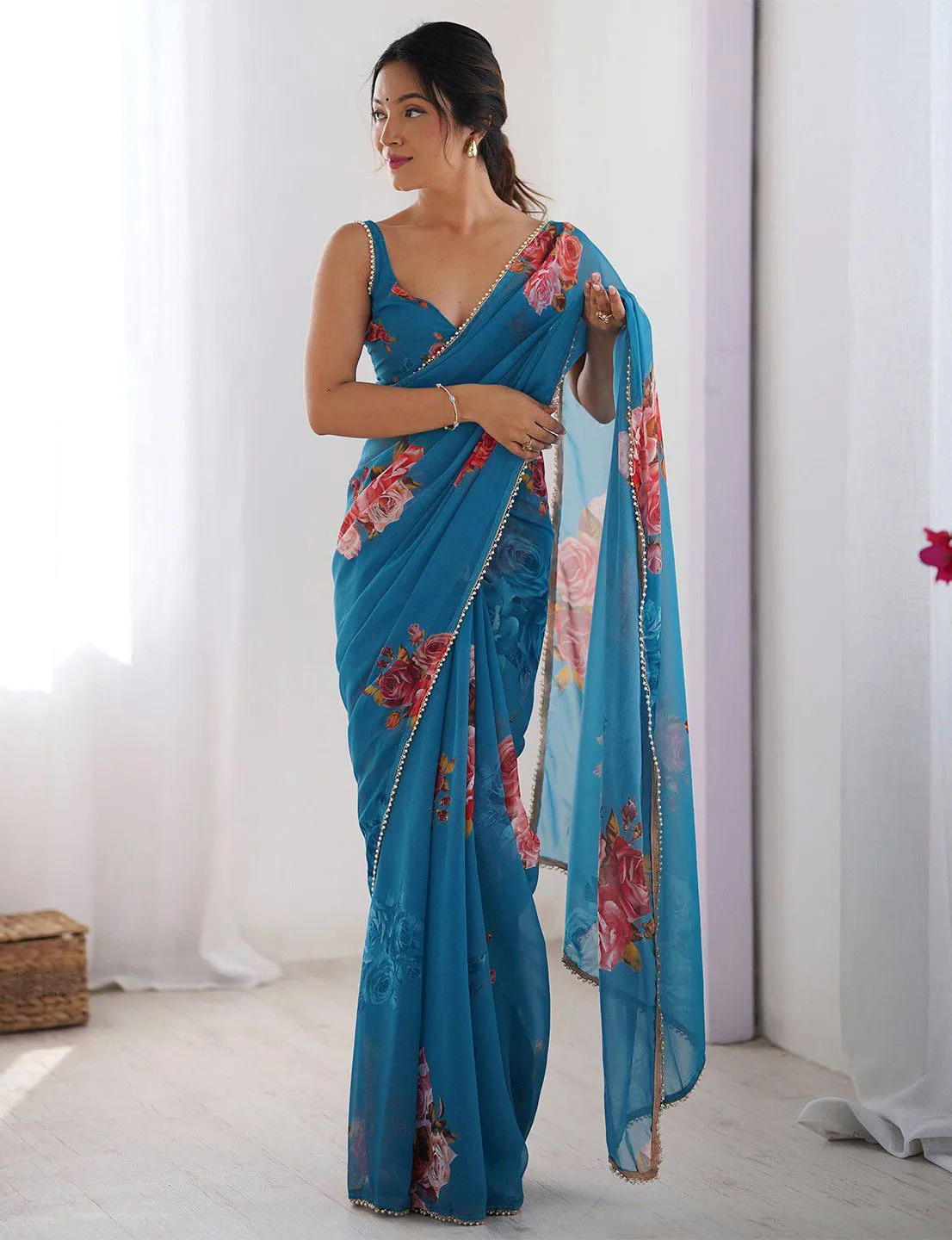 Blue Georgette Floral Printed Lace Border Saree