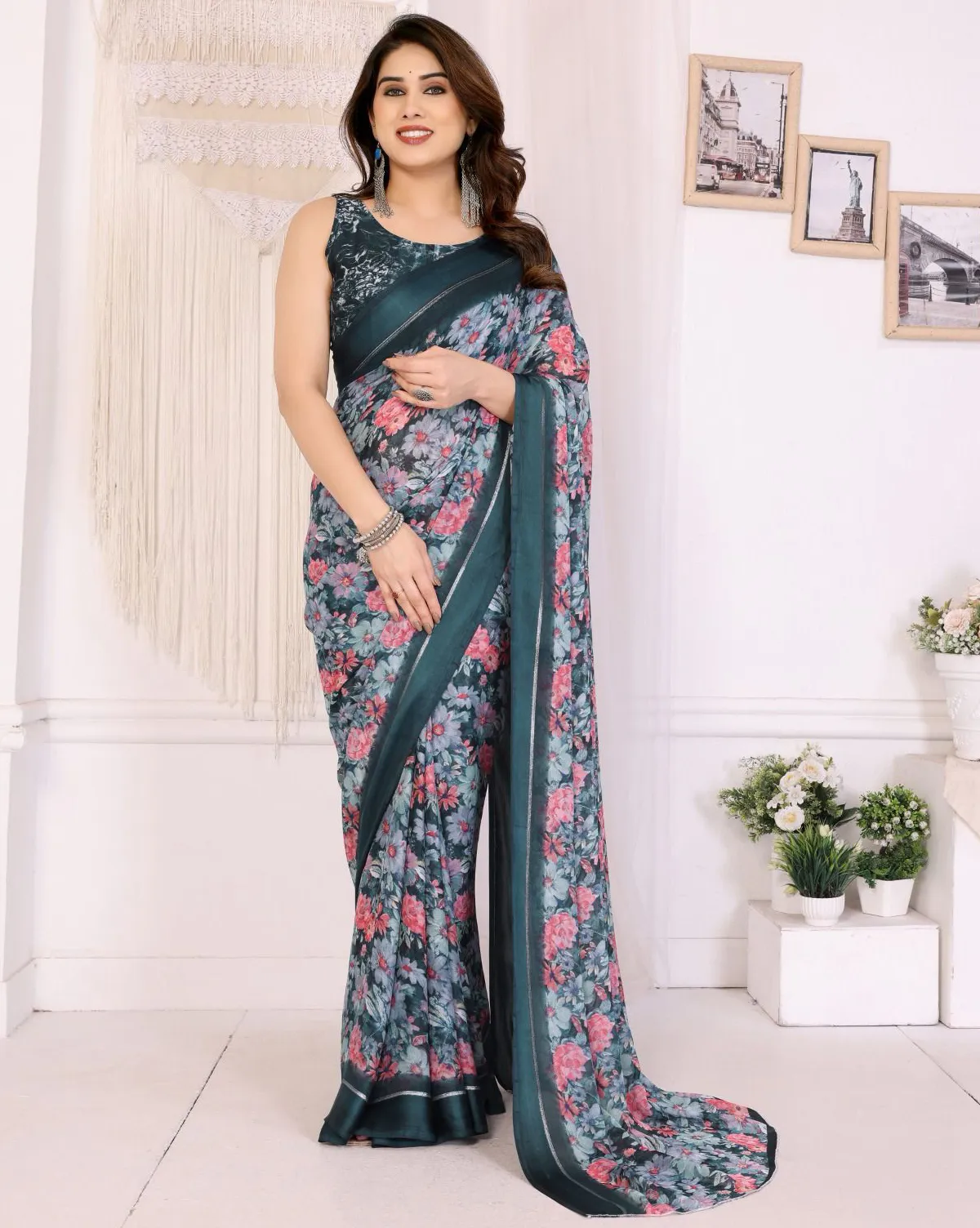 Teal Green Bright Moss Floral Printed Saree
