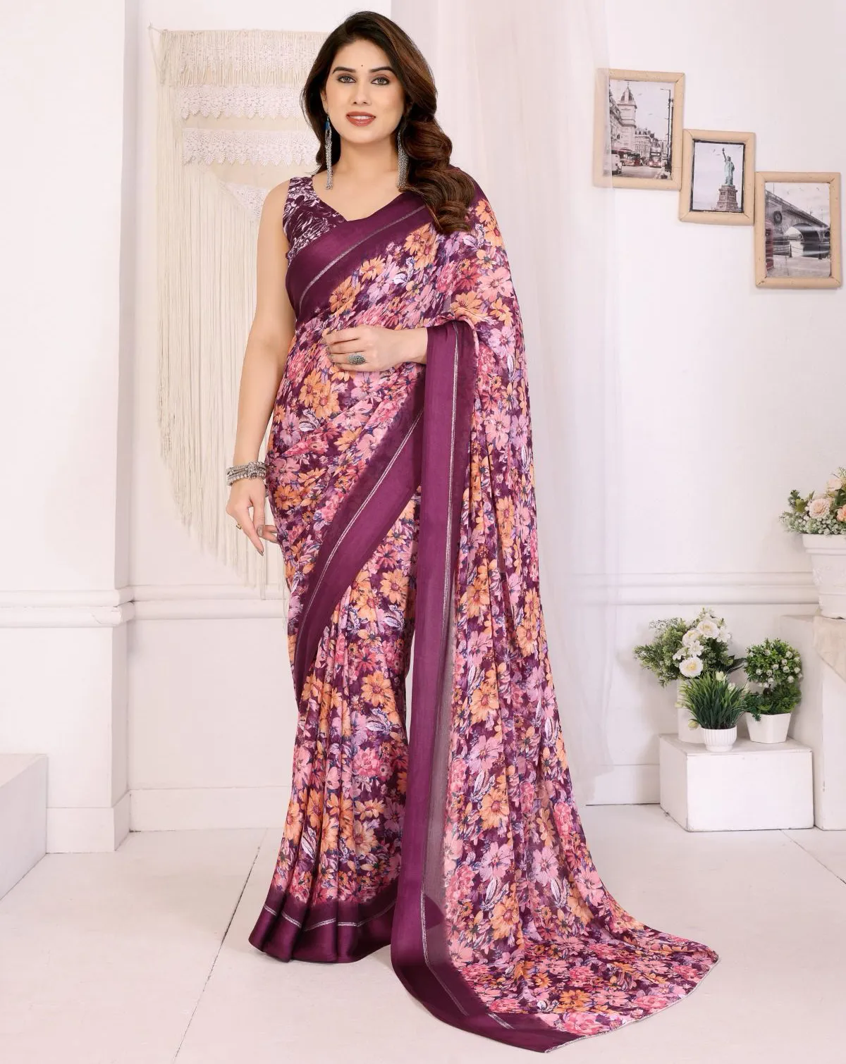 Wine Bright Moss Floral Printed Saree