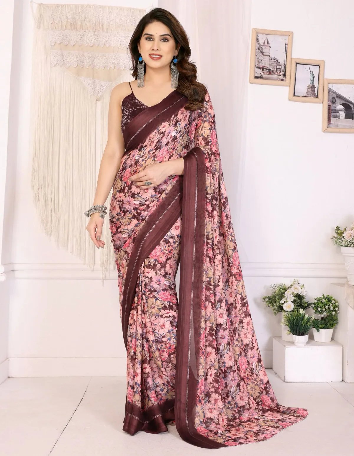 Brown Bright Moss Floral Printed Saree