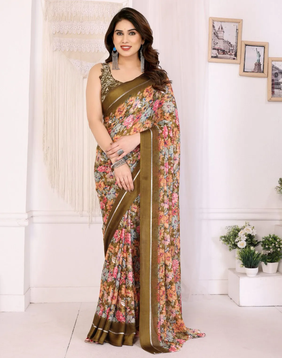 Olive Green Bright Moss Floral Printed Saree