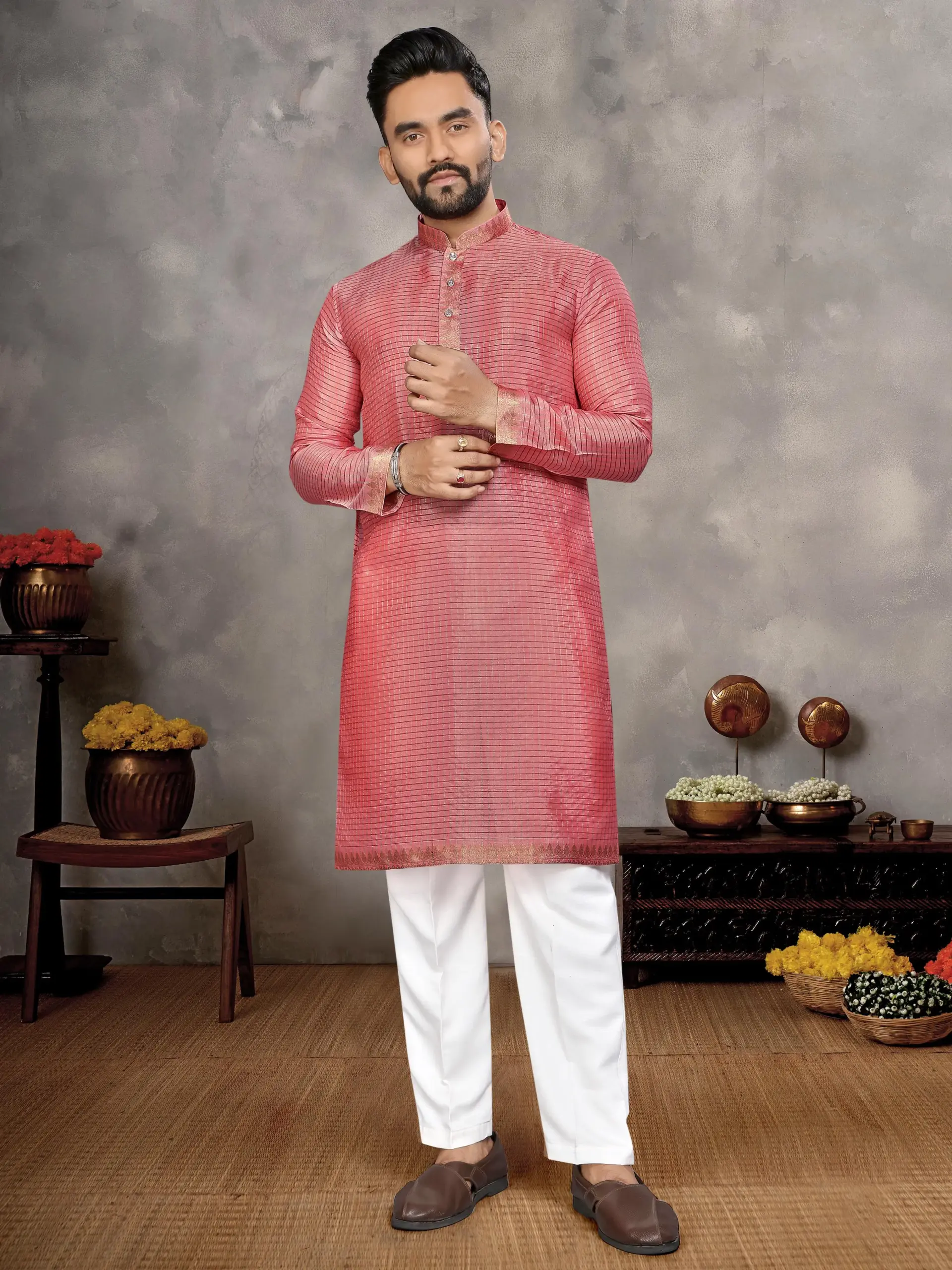 Pink Silk Zari Work Men's Kurta Pyjama