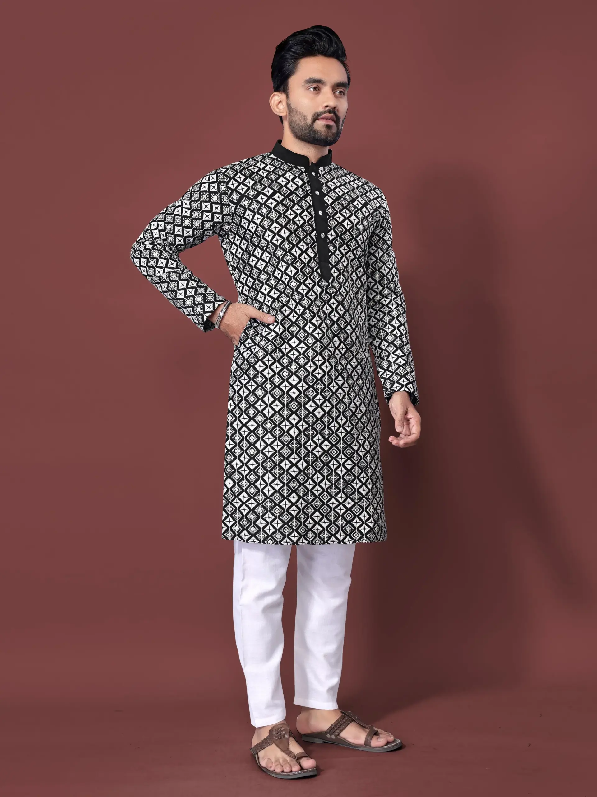 Black Soft Silk Sequence Embroidered Men's Kurta Pyjama